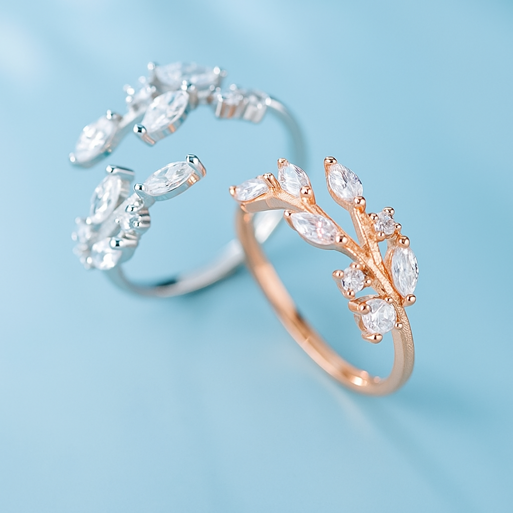 Sterling Silver CZ Leaf Branch Ring Rhodium Rose Gold