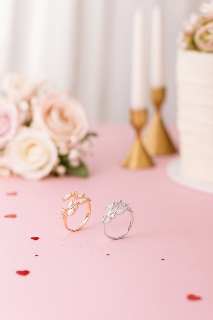 Sterling Silver CZ Leaf Branch Ring Rhodium Rose Gold