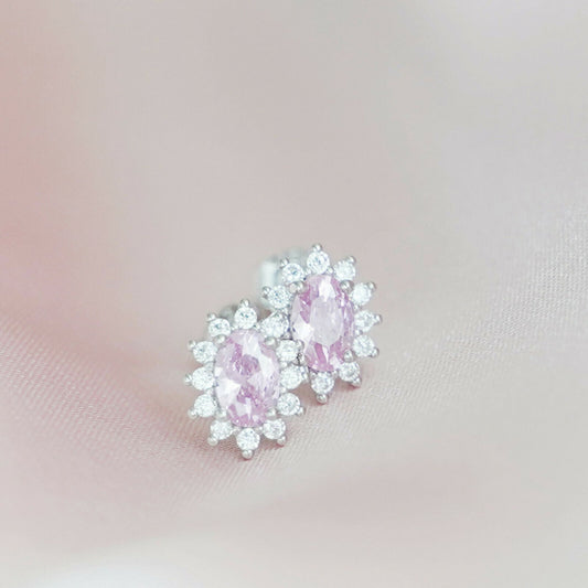 Sparkling Pink Oval CZ Cluster Stud Earrings in 925 Sterling Silver - sugarkittenlondon