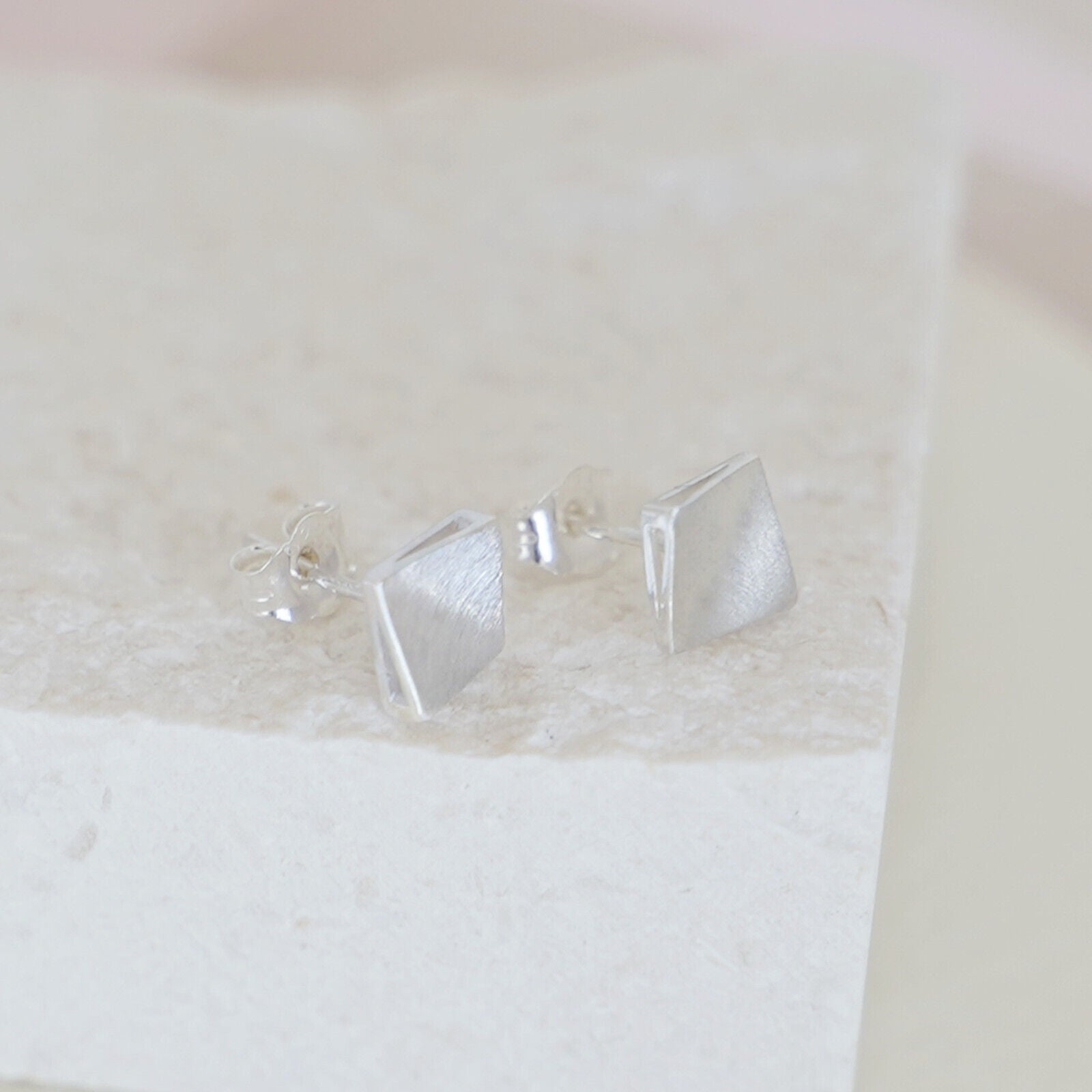 6mm Brushed Square Stud Earrings in 925 Sterling Silver with Bent Corners - sugarkittenlondon