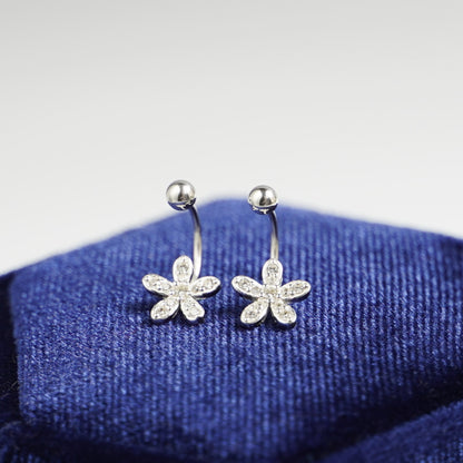 Fine Silver 999 Paved CZ Flower Barbell Bead Ball Screw Back Jacket Earrings - sugarkittenlondon