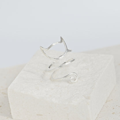 Sterling Silver Cat Kitten Long Tail Wrap Ring - sugarkittenlondon