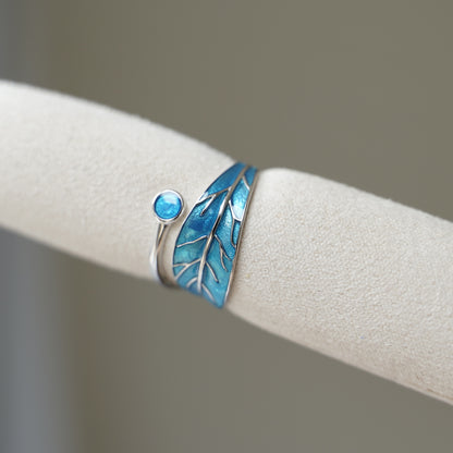 Sterling Silver Glazed Green Blue Tree Leaf Dot Wrap Open Band Ring