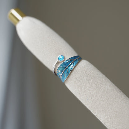 Sterling Silver Glazed Green Blue Tree Leaf Dot Wrap Open Band Ring