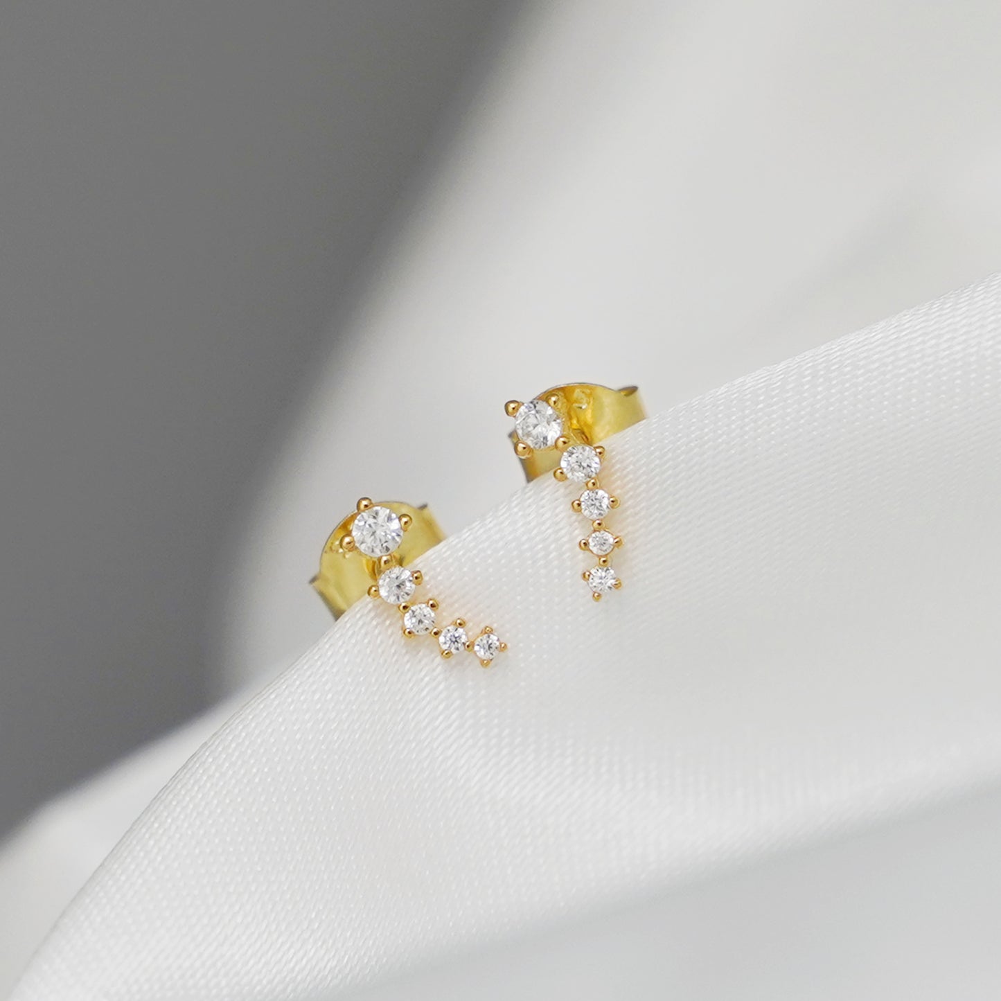 Sterling Silver Mini CZ Star Line Drop Climber Stud Earrings Rhodium Gold