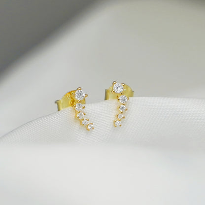 Sterling Silver Mini CZ Star Line Drop Climber Stud Earrings Rhodium Gold