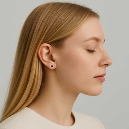 Sterling Silver 4mm Cut Red Pyrope Garnet Colour CZ Round Flower Cluster Stud Earrings