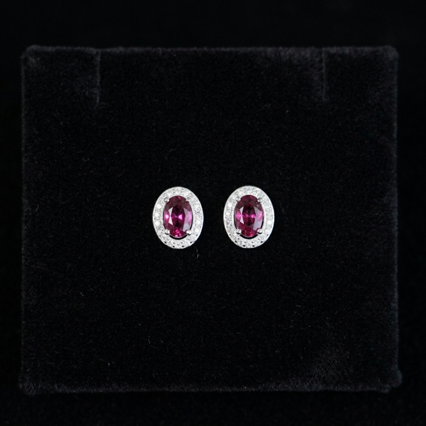 Multicolour CZ Halo Stud Earrings, ruby red oval with crystal halo