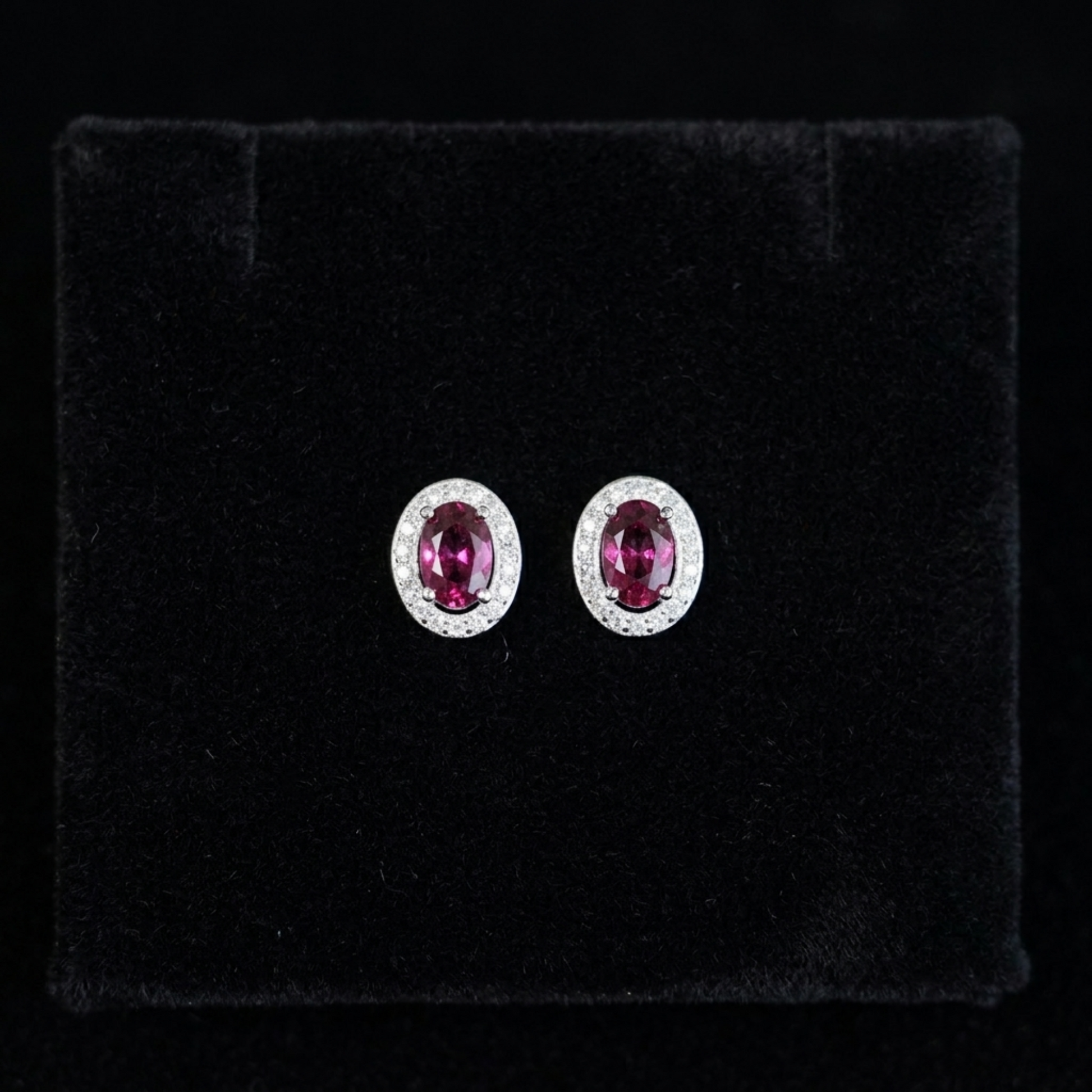 Multicolour CZ Halo Stud Earrings, ruby red oval with crystal halo