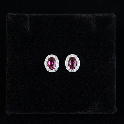 Multicolour CZ Halo Stud Earrings, ruby red oval with crystal halo