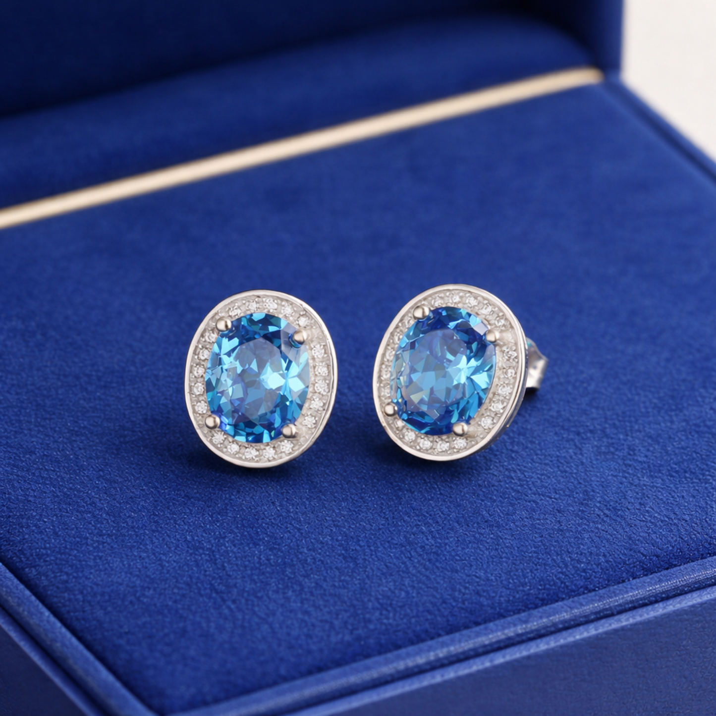 Blue topaz CZ halo stud earrings: oval sky-blue center with clear halo trim, stud backs.