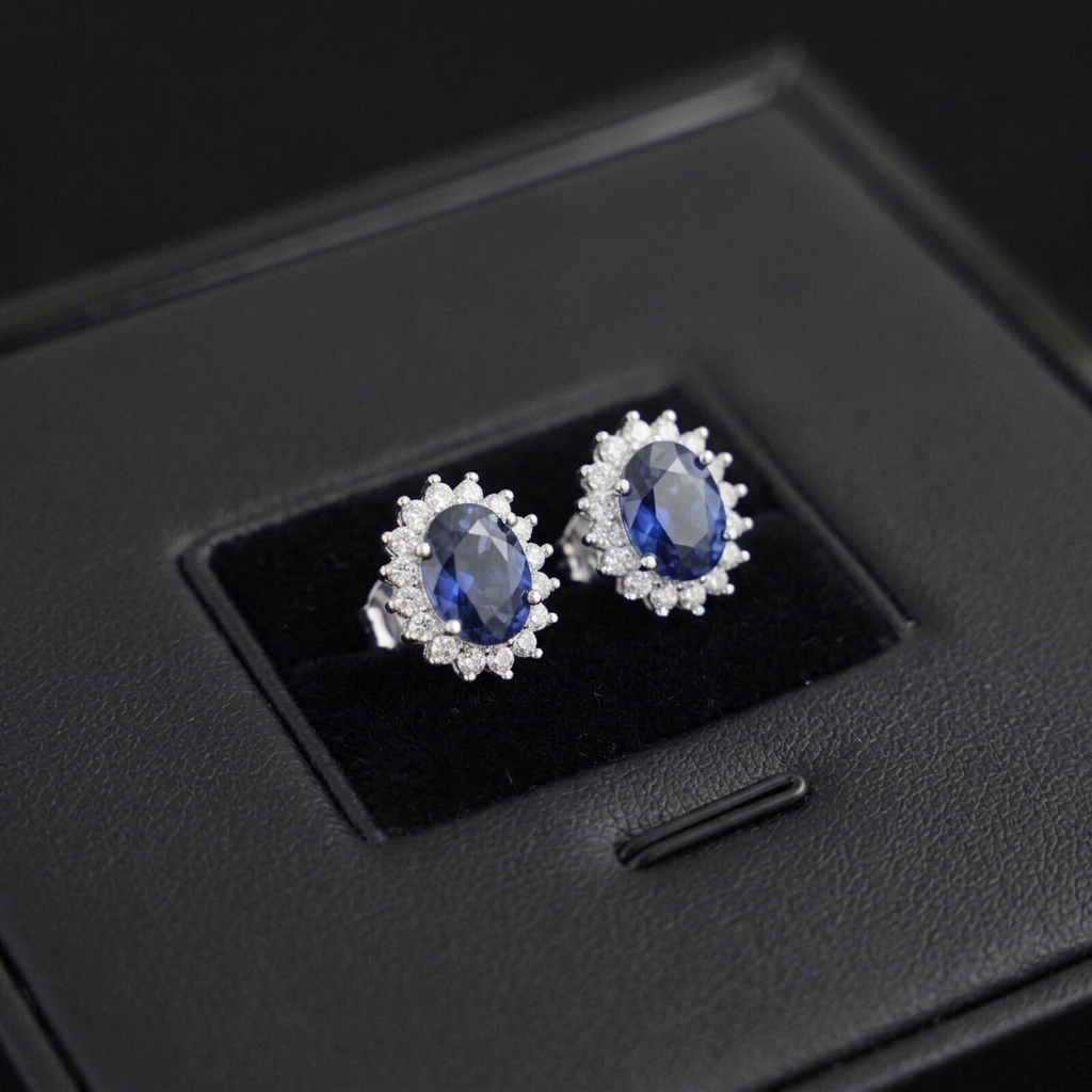 Sapphire oval stud cluster earrings with round white stone halo and prong setting, white metal