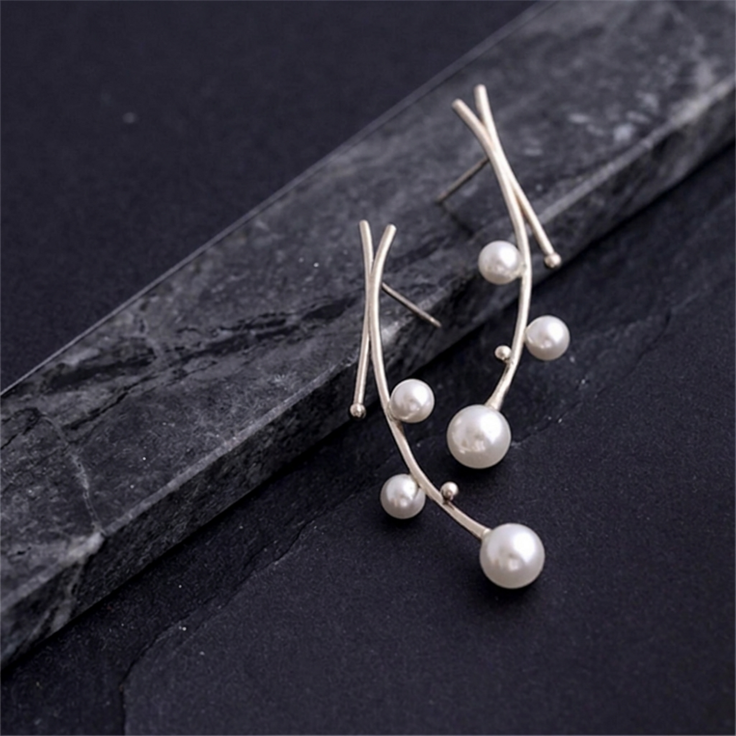 Seashell Pearl mistletoe drop earrings: curved wire with white pearl drops