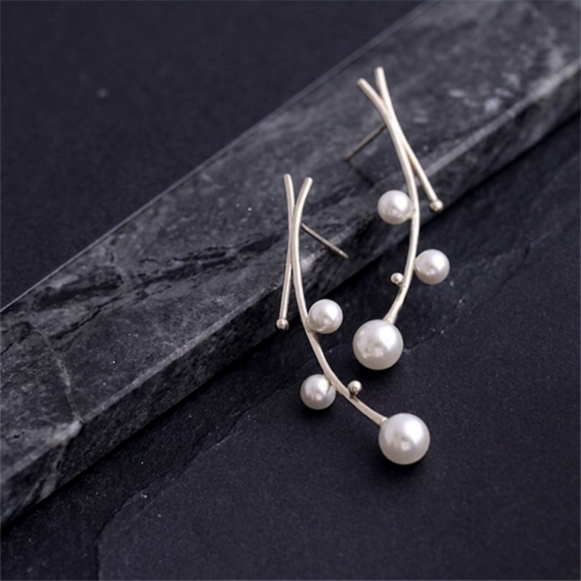 Seashell Pearl mistletoe drop earrings: curved wire with white pearl drops