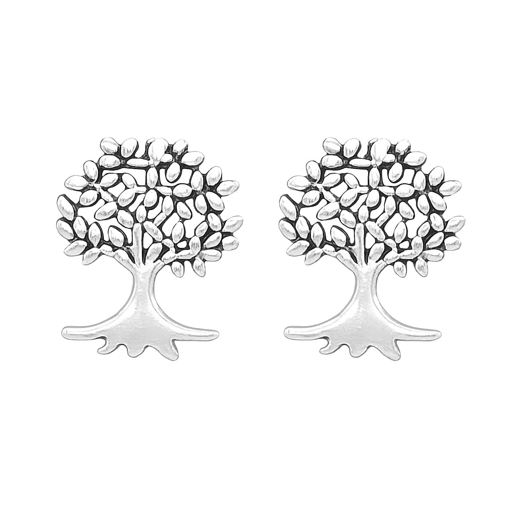 Sterling Silver Oxidised Retro Tree Of Life Family Tree Stud Earrings