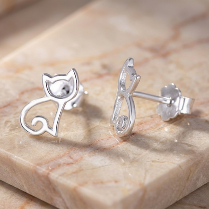 Cat outline stud earrings, polished silver with visible clasp and post