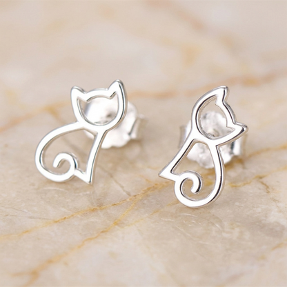 Cat outline stud earrings in polished silver, showing post backs