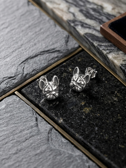 Oxidised Bulldog Studs, silver-toned bulldog face studs with clasp backs