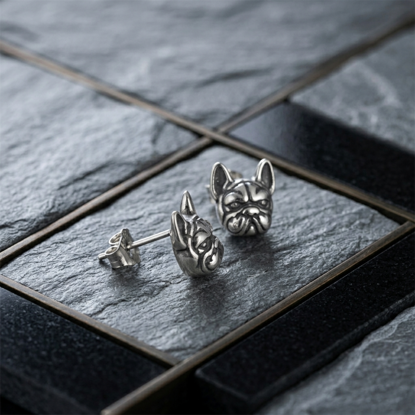 Oxidised Bulldog Studs, silver-toned bulldog face studs and butterfly clasp backs