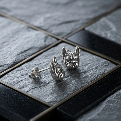 Oxidised Bulldog Studs, silver-toned bulldog face studs and butterfly clasp backs