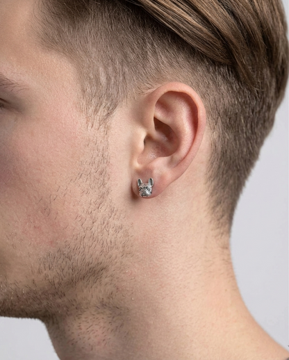 Oxidised Bulldog Studs worn on ear, small silver-toned bulldog face detail