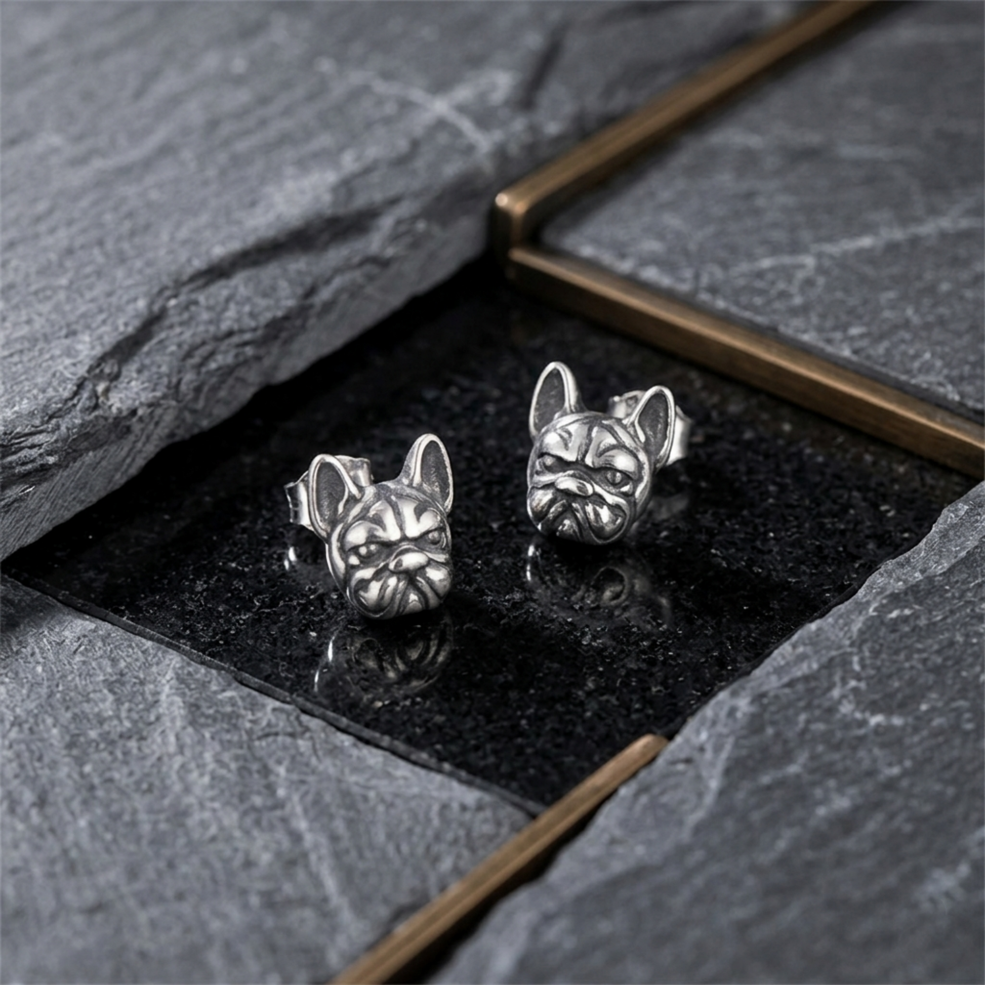Oxidised Bulldog Studs with butterfly backs, silver-toned bulldog faces in box