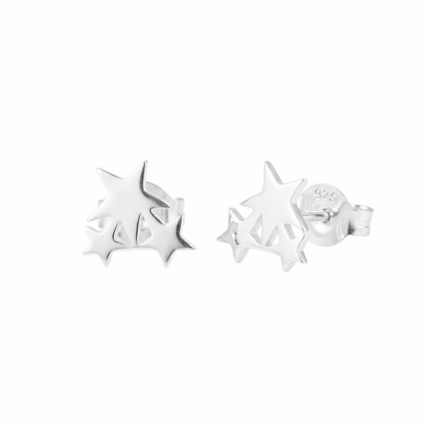 Triple Star Trinity stud earrings, sterling silver star cluster pair