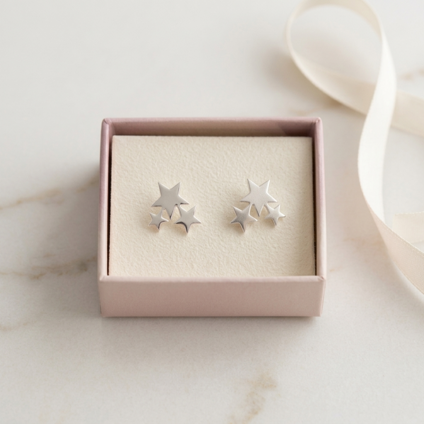 Triple Star stud earrings, silver-tone star cluster with butterfly backs
