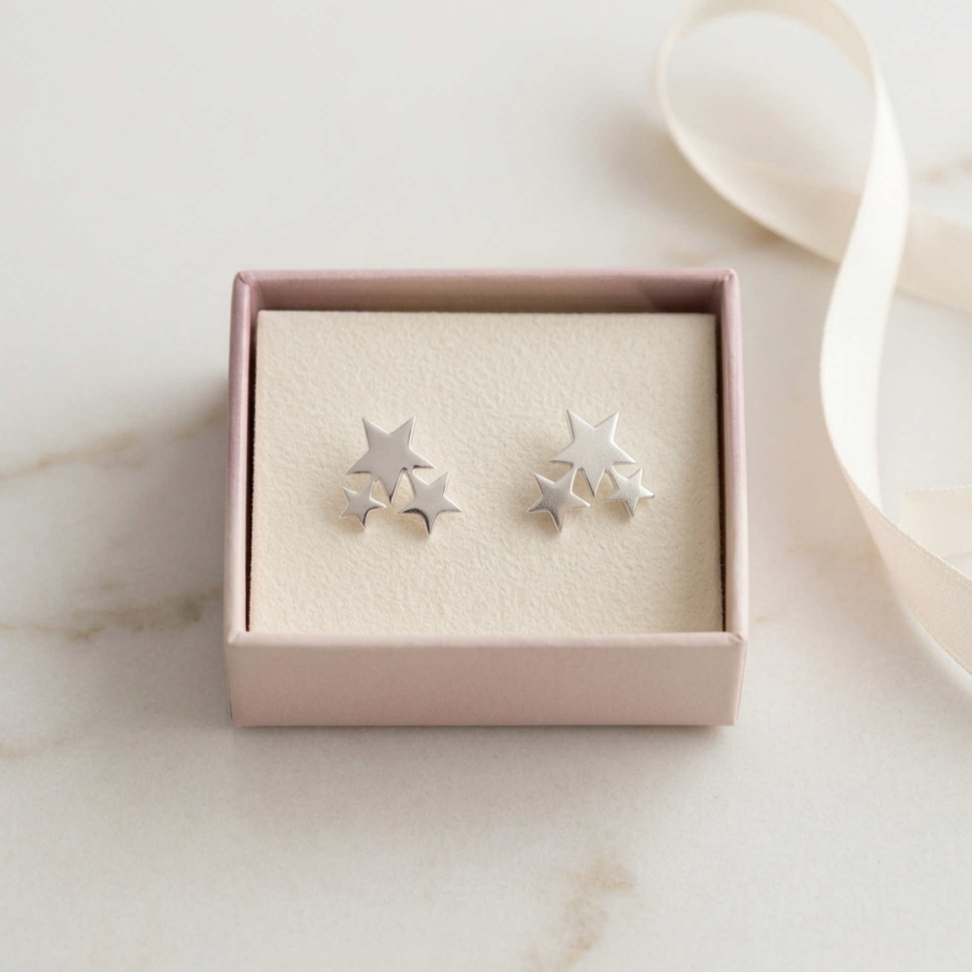 Triple Star stud earrings, silver-tone star cluster with butterfly backs
