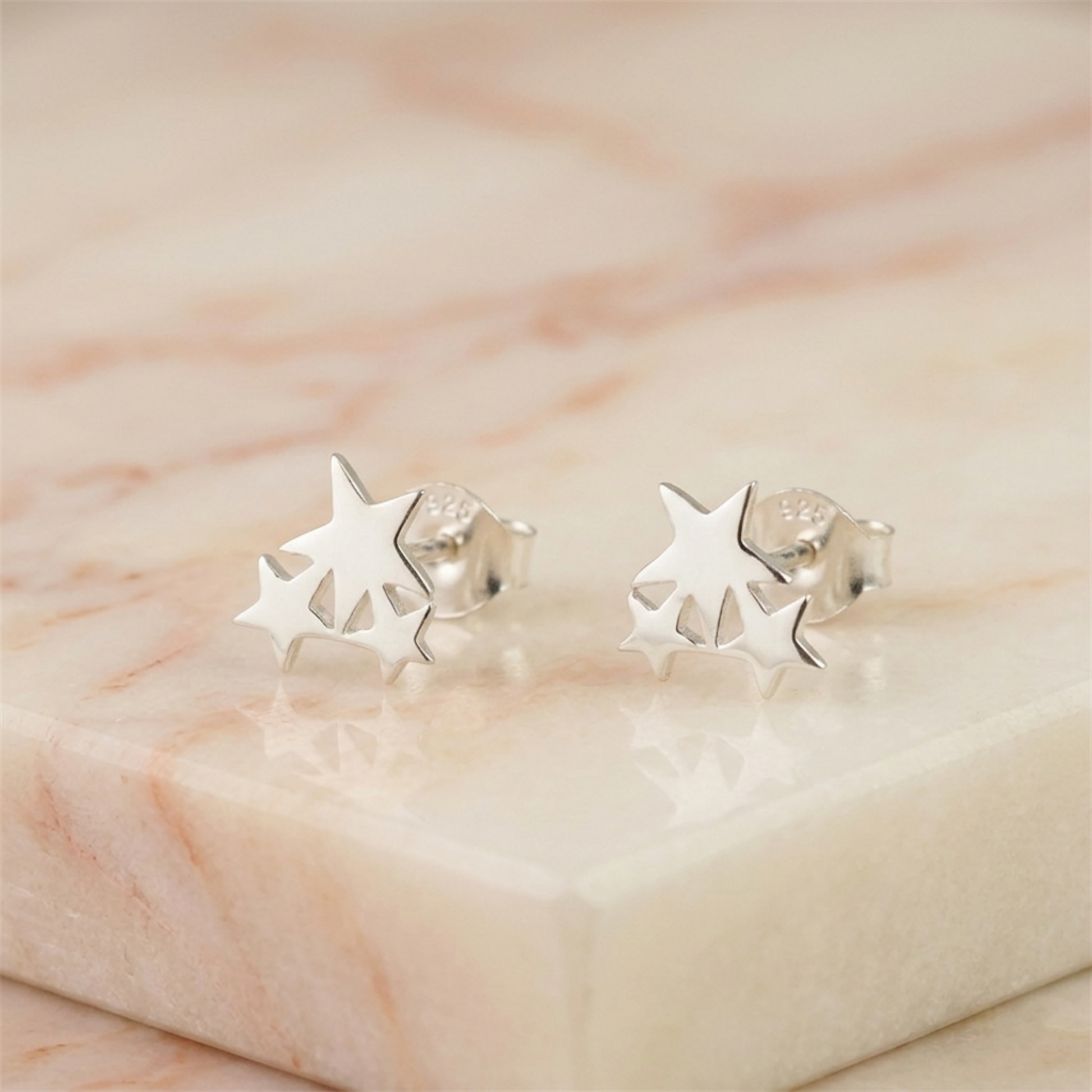 Triple Star stud earrings, silver-tone star cluster pair with 925 backs