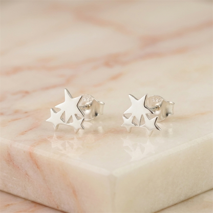 Triple Star stud earrings, silver-tone star cluster pair with 925 backs