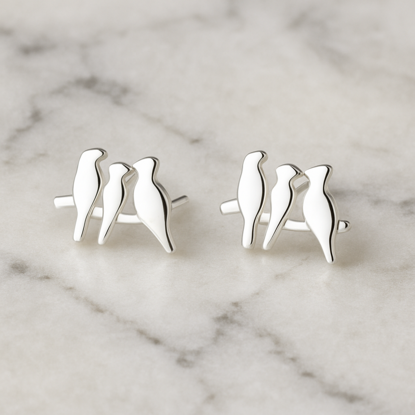 Sterling Silver Solid Three Birds on a Branch Line Post Stud Earrings