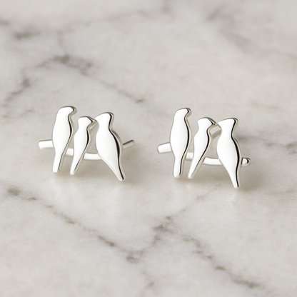Sterling Silver Solid Three Birds on a Branch Line Post Stud Earrings