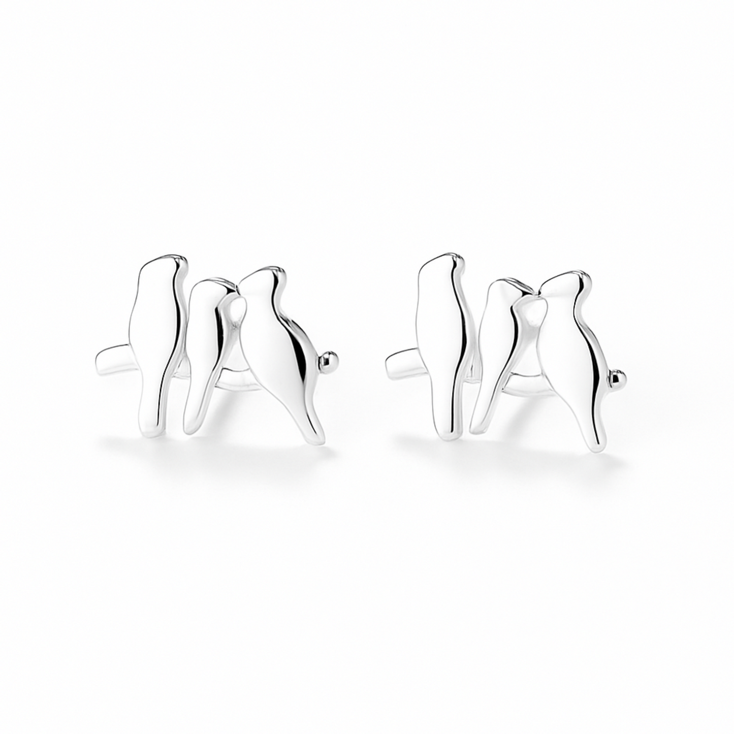 Sterling Silver Solid Three Birds on a Branch Line Post Stud Earrings