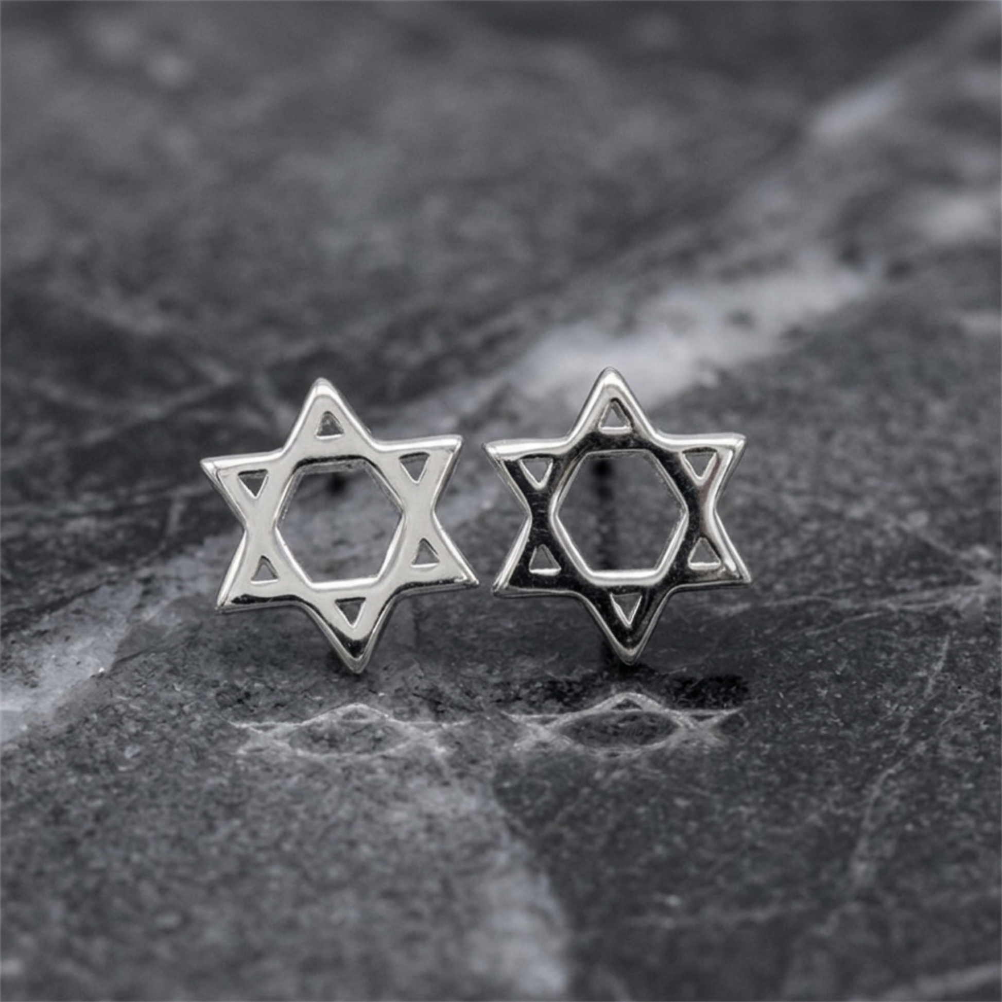 Hex Star of David stud earrings, mirrored hexagram star pair