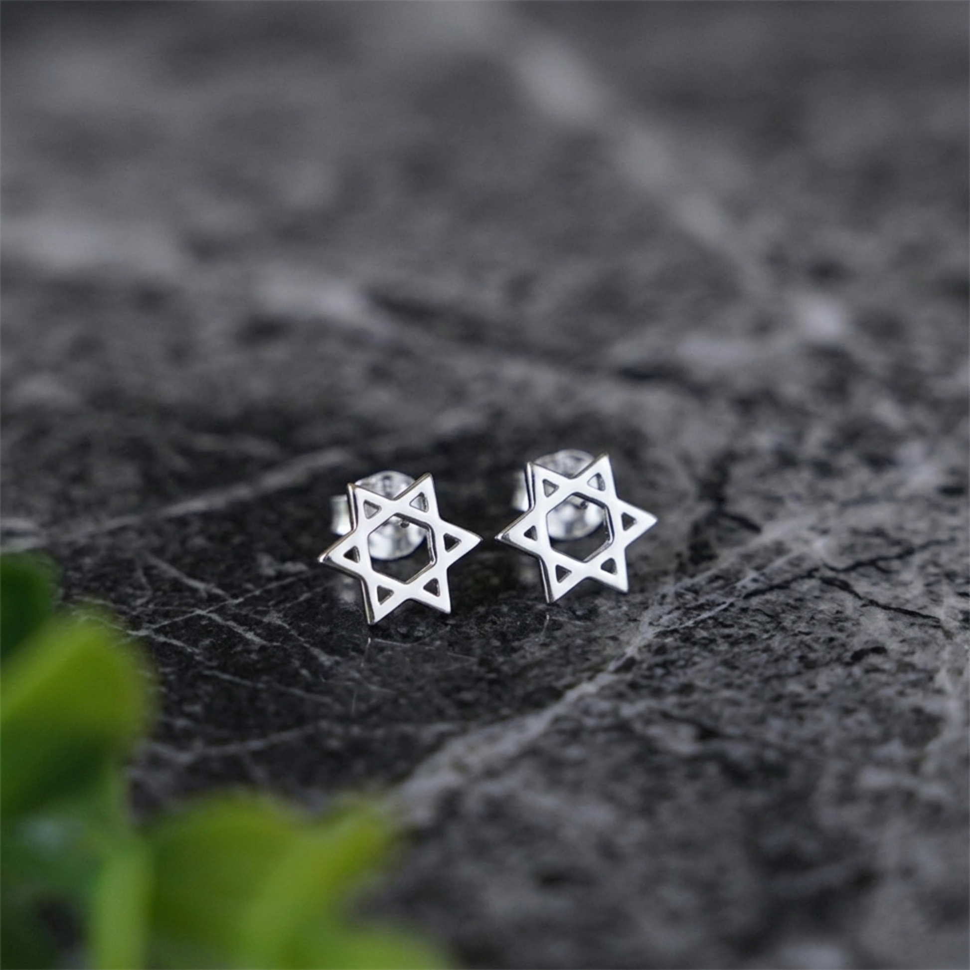 Hex Star of David stud earrings, silver-tone hexagram star studs