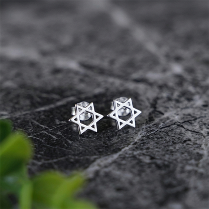 Hex Star of David stud earrings, silver-tone hexagram star studs