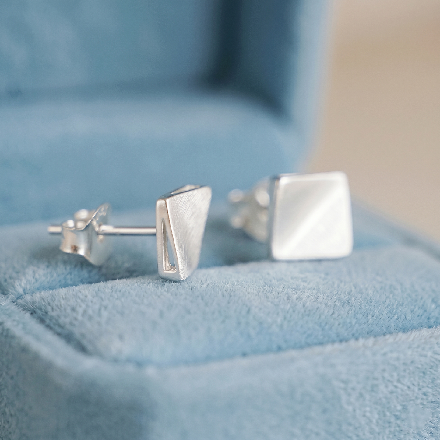 Sterling Silver Brushed Matte 6mm Bent Square Cube Geometry Stud Earrings