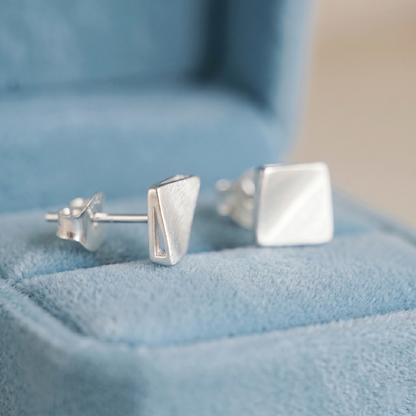 Sterling Silver Brushed Matte 6mm Bent Square Cube Geometry Stud Earrings