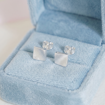 Sterling Silver Brushed Matte 6mm Bent Square Cube Geometry Stud Earrings