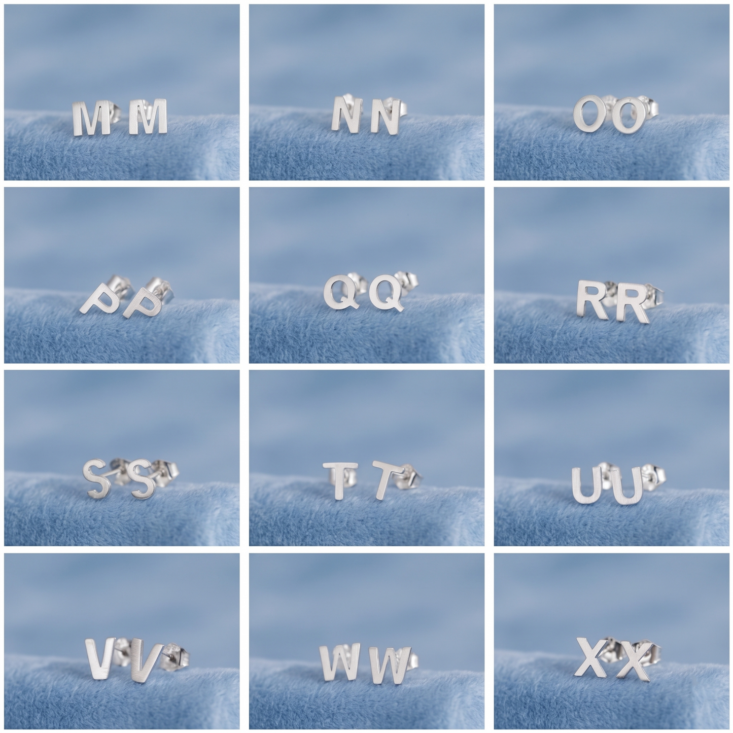 Silver-tone letter stud earrings, close-up initials (M–X) on display