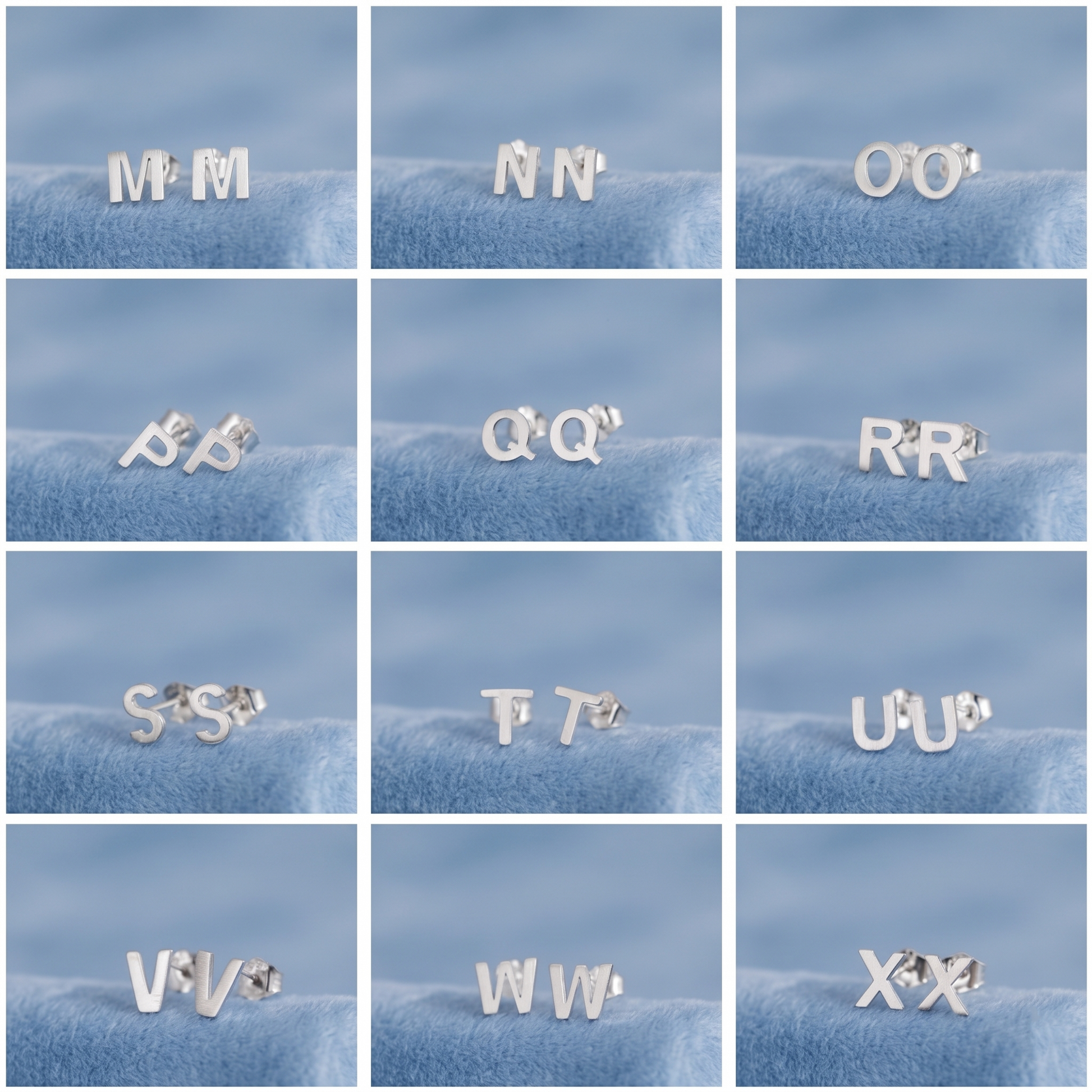 Silver-tone letter stud earrings, close-up initials (M–X) on display