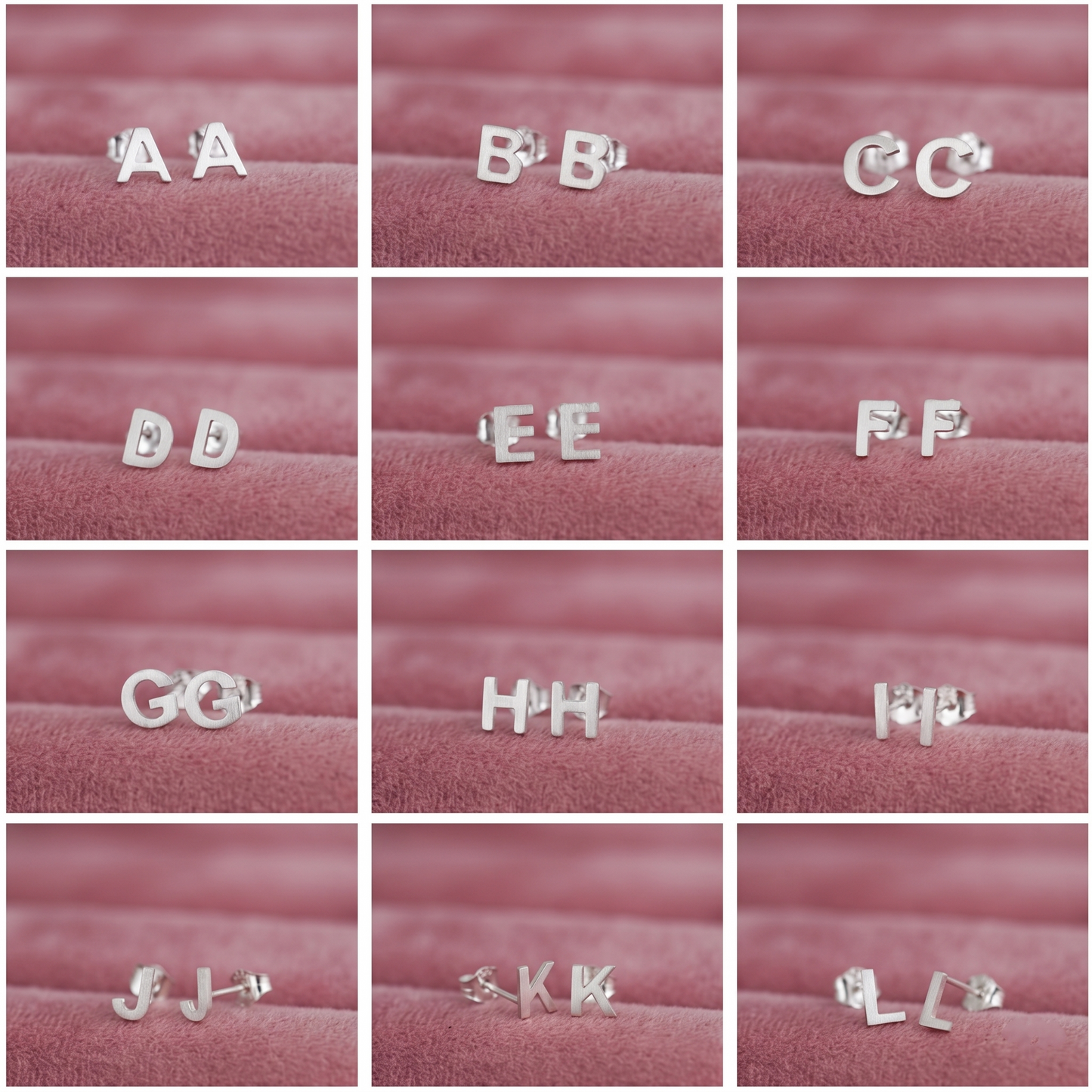 Silver-tone letter stud earrings, close-up initials (A–L) on display