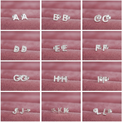 Silver-tone letter stud earrings, close-up initials (A–L) on display