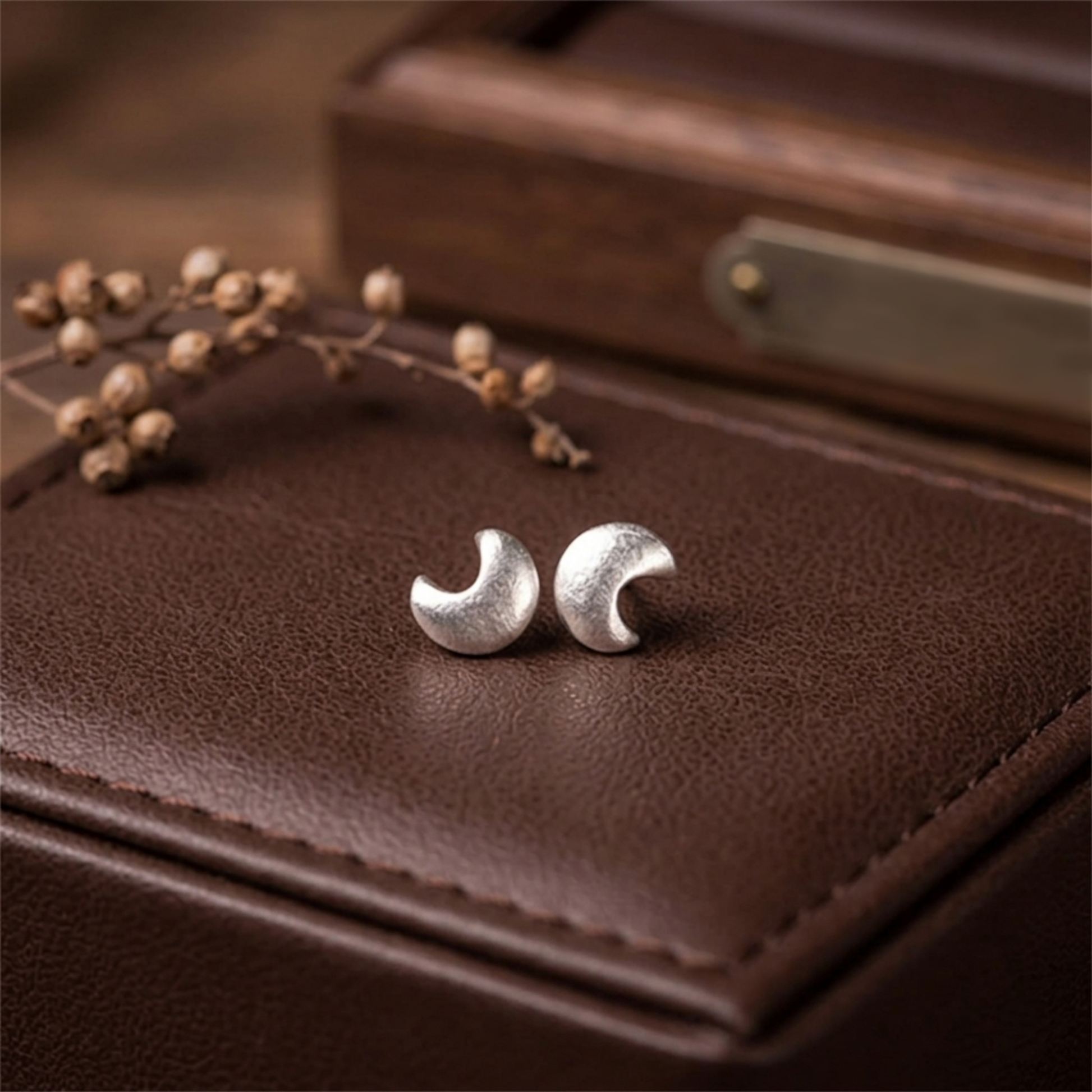Puffy Moon Studs: runde, gepolsterte Mond-Ohrstecker auf Schmuckbox