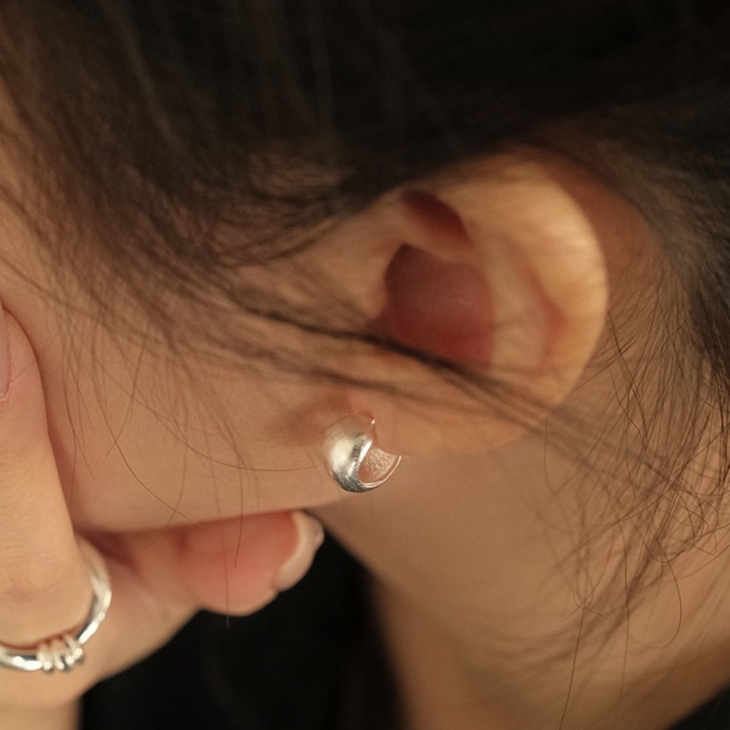 Sterling Silver Brushed Half Hoop Bead Dome Bridal Stud Earrings