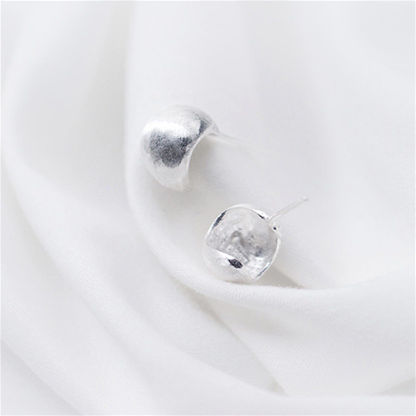 Sterling Silver Brushed Half Hoop Bead Dome Bridal Stud Earrings