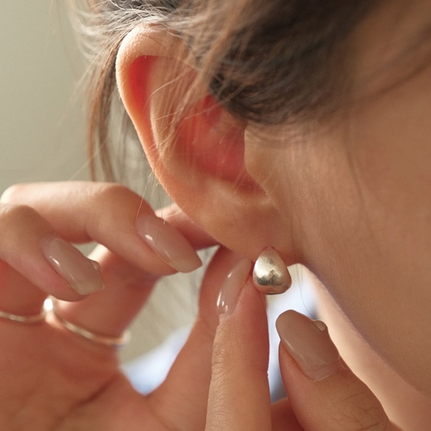 Sterling Silver Brushed Half Hoop Bead Dome Bridal Stud Earrings