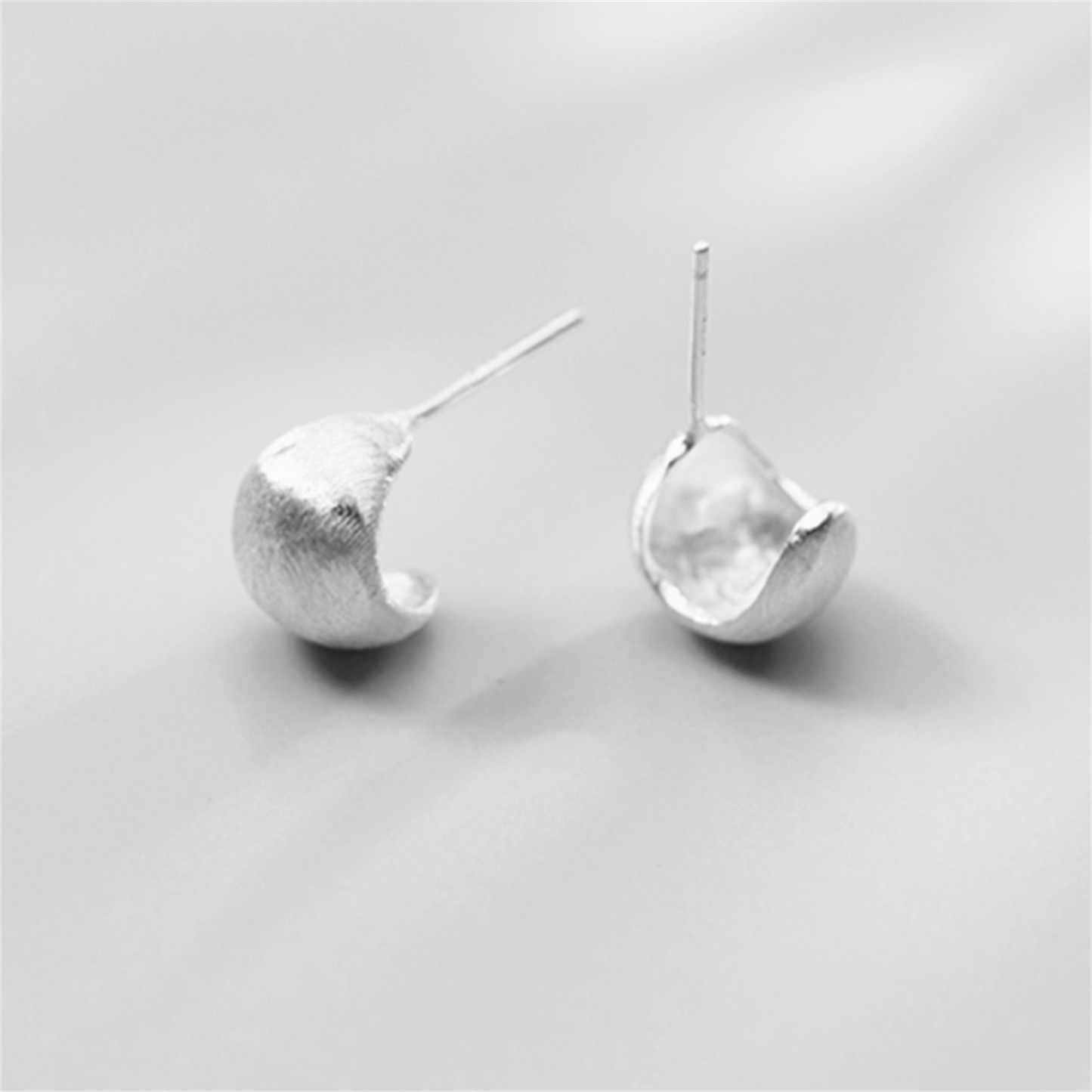 Sterling Silver Brushed Half Hoop Bead Dome Bridal Stud Earrings
