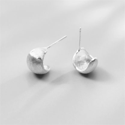 Sterling Silver Brushed Half Hoop Bead Dome Bridal Stud Earrings